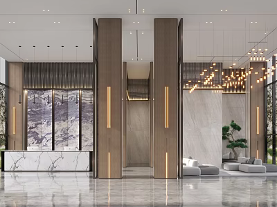 Modern Hotel Lobby Interior With Marble Reception Desk Wooden Columns And Hanging Chandelier Green Plants 3d model