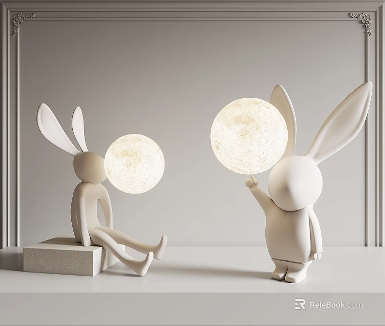 Rabbit Shaped Table Lamps With Glowing Spherical Lights One Sitting One Standing 3d model 