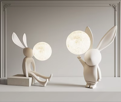 Rabbit Shaped Table Lamps With Glowing Spherical Lights One Sitting One Standing 3d model
