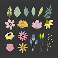 Colorful Plant Elements with Leaves and Flowers Various Shapes Colors on Black Background Design Material