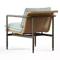 Modern Lounge Chair With Metal Frame Blue White Striped Cushion And Wicker Backrest