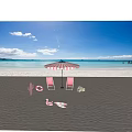Summer Beach Scene With Pink White Striped Umbrella Beach Chairs Flamingo Inflatable And Pool Float
