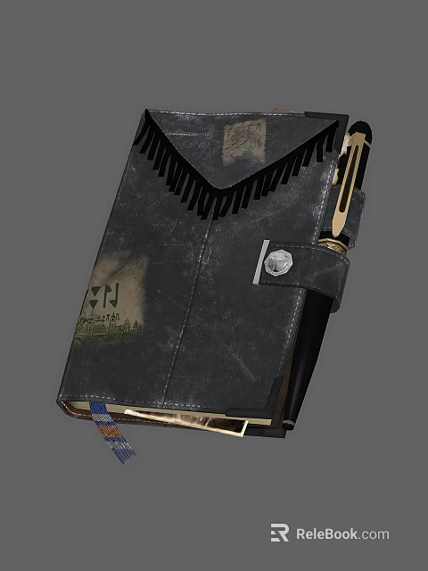 Black Leather Notebook With Fringe Decoration Metal Clasp And Handwritten Patterns 3d model 