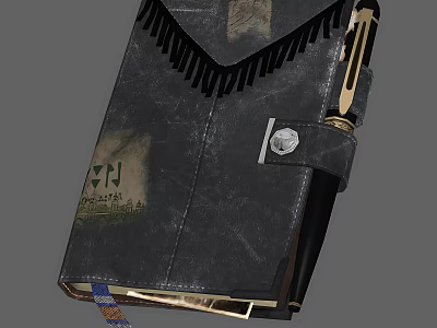 Black Leather Notebook With Fringe Decoration Metal Clasp And Handwritten Patterns 3d model