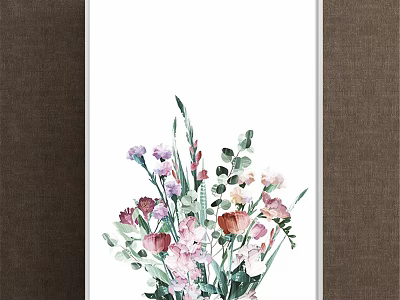 Watercolor Botanical Painting with Pink Purple Flowers Green Leaves and Stems 3d model