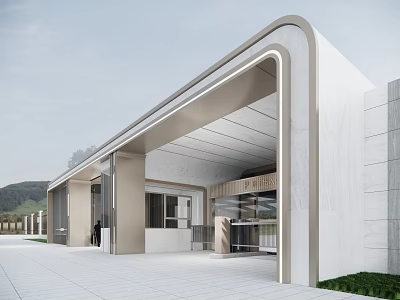 Modern Entrance Gate With Curved Design Light-colored Concrete Glass Doors And Simple Architecture 3d model