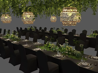 Elegant Black Banquet Table And Chair Combination With Natural Greenery Decor For Upscale Dinner Parties 3d model