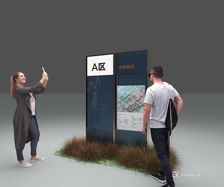 People Using Outdoor Guide Sign With AB Area Map And China Post Information 3d model