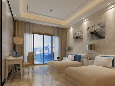 Bright Modern Hotel Guest Room With Double Beds Desk Chair Large Window And Wall Art 3d model