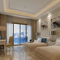Bright Modern Hotel Guest Room With Double Beds Desk Chair Large Window And Wall Art