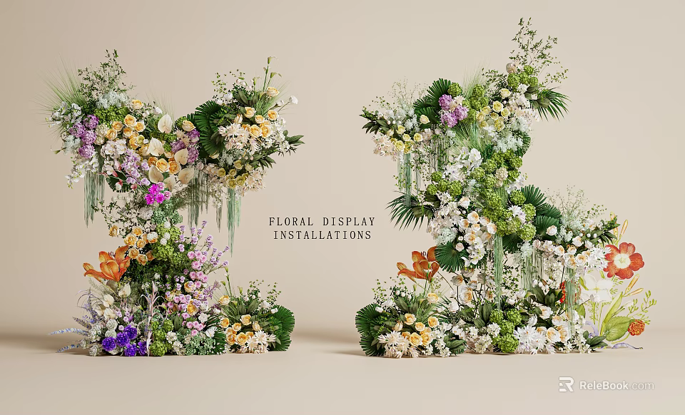 Floral Display Installations With Colorful Flowers Green Foliage And Hanging Vines 3d model 