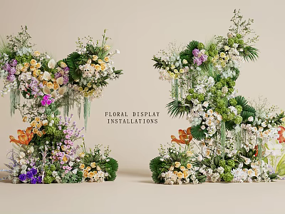 Floral Display Installations With Colorful Flowers Green Foliage And Hanging Vines 3d model