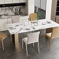 Modern Dining Table Set with Marble Top Six Beige Gray Chairs and Tableware Plant Decor 3d model