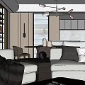 Modern Living Dining Room Interior With Beige Sofa Brown Pillows Coffee Table And Dining Chairs