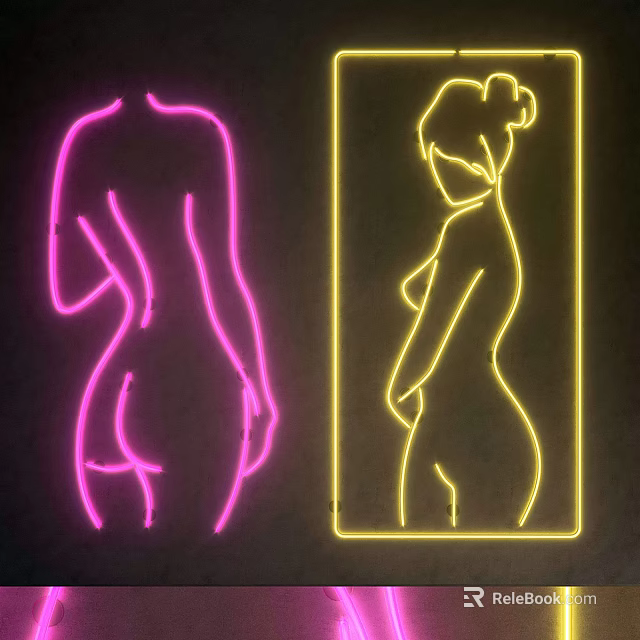 Pink And Yellow Neon Female Body Outline Decorations On Black Background 3d model 
