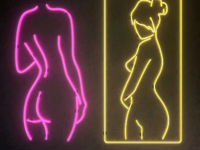 Pink And Yellow Neon Female Body Outline Decorations On Black Background 3d model