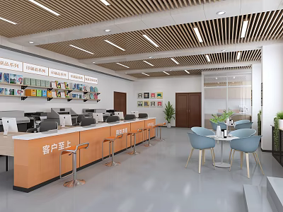 Modern Specialty Store Interior With Counter Seating Shelves Lighting And Green Plants 3d model