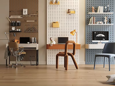 Stylish Home Office Desks With Decorative Walls Bookshelves And Modern Chairs 3d model