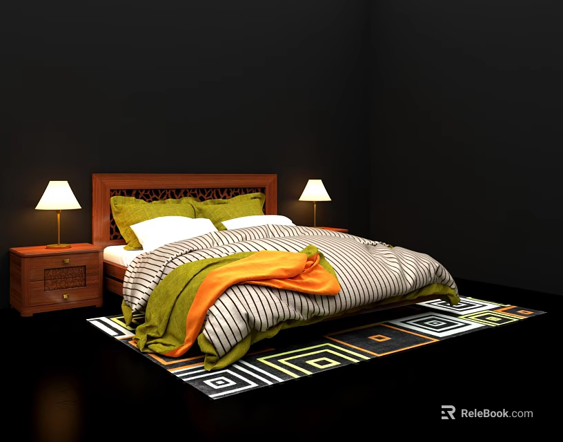 Double Bed with Wooden Headboard Green White Pillows Striped Blanket Orange Throw Nightstands Lamps Geometric Rug 3d model 