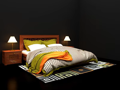 Double Bed with Wooden Headboard Green White Pillows Striped Blanket Orange Throw Nightstands Lamps Geometric Rug 3d model