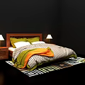 Double Bed with Wooden Headboard Green White Pillows Striped Blanket Orange Throw Nightstands Lamps Geometric Rug