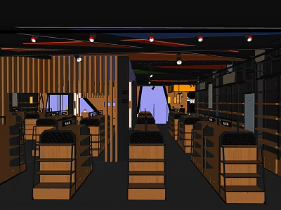 Modern Retail Store Interior With Wooden Shelves And Display Stands 3d model