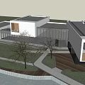 Modern Museum Building With Geometric White Orange Facade Glass Windows And Water Reflection