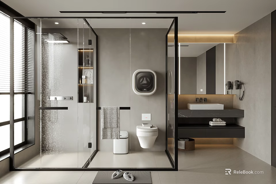Modern Bathroom Interior Design With Glass Shower Enclosure Toilet Vanity And Mirror 3d model 