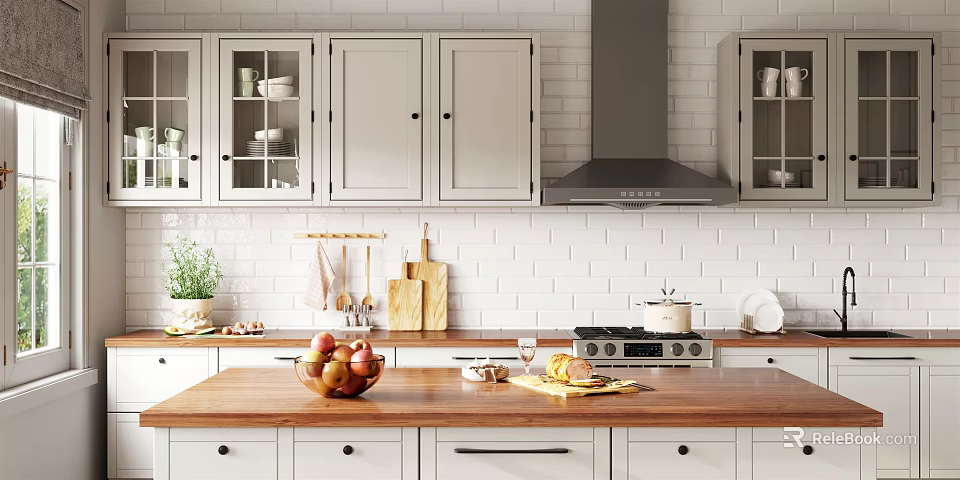 Modern Kitchen Interior With White Cabinets Wooden Countertop White Brick Wall And Kitchen Utensils 3d model 
