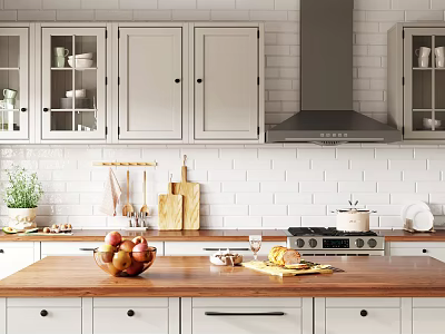 Modern Kitchen Interior With White Cabinets Wooden Countertop White Brick Wall And Kitchen Utensils 3d model