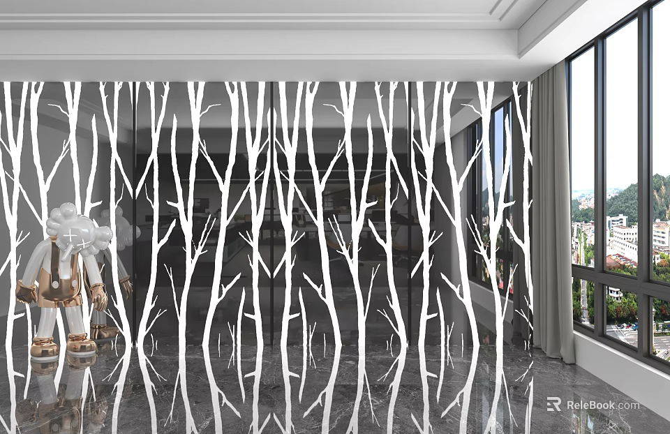 Modern White Tree Branch Pattern Wall Paneling With Large Windows And Glossy Floor 3d model