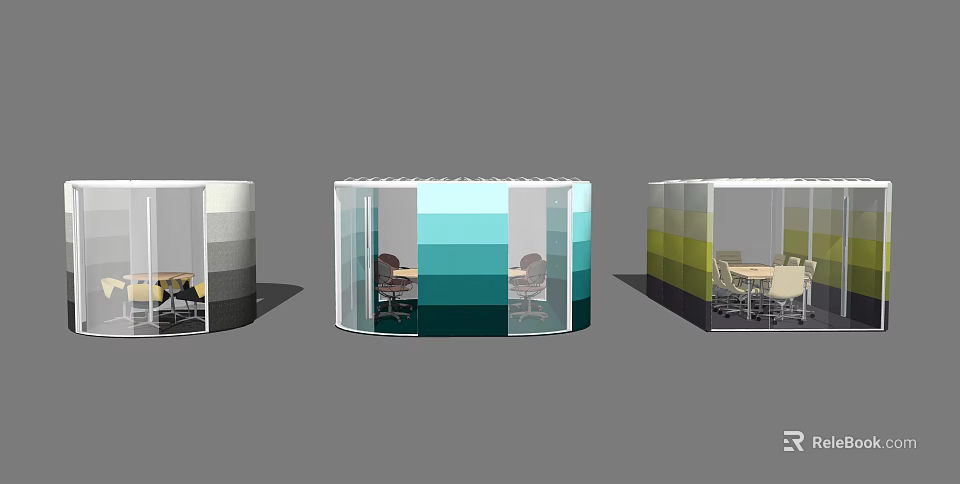 Modern Colorful Meeting Room Pods With Glass Partitions And Office Furniture 3d model 