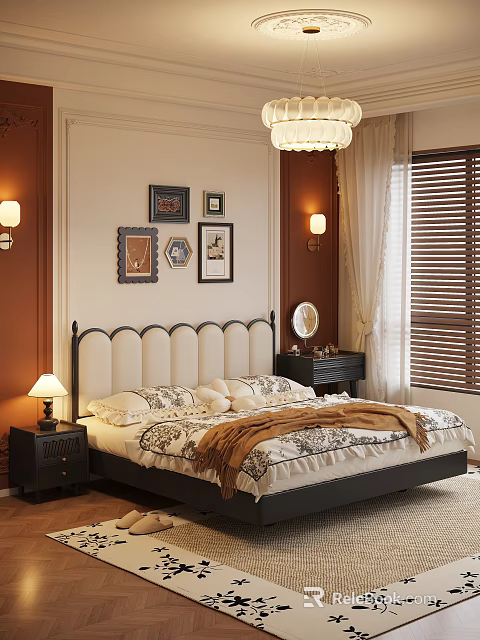 Cozy Elegant Bedroom Interior With Beige Headboard Decorative Paintings And Nightstand Lamp 3d model 