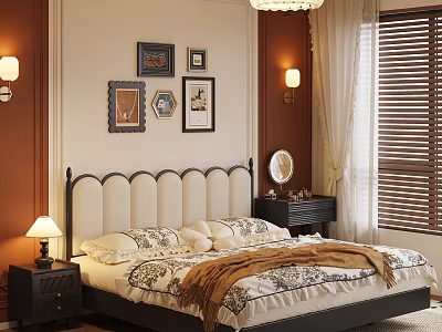 Cozy Elegant Bedroom Interior With Beige Headboard Decorative Paintings And Nightstand Lamp 3d model