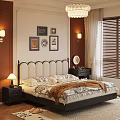 Cozy Elegant Bedroom Interior With Beige Headboard Decorative Paintings And Nightstand Lamp