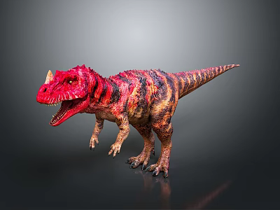 Horned Dinosaur Model With Red And Black Stripes Open Mouth On Gray Background 3d model