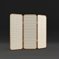 Three Panel Room Divider With Beige Woven Panels And Golden Frame Design 3d model
