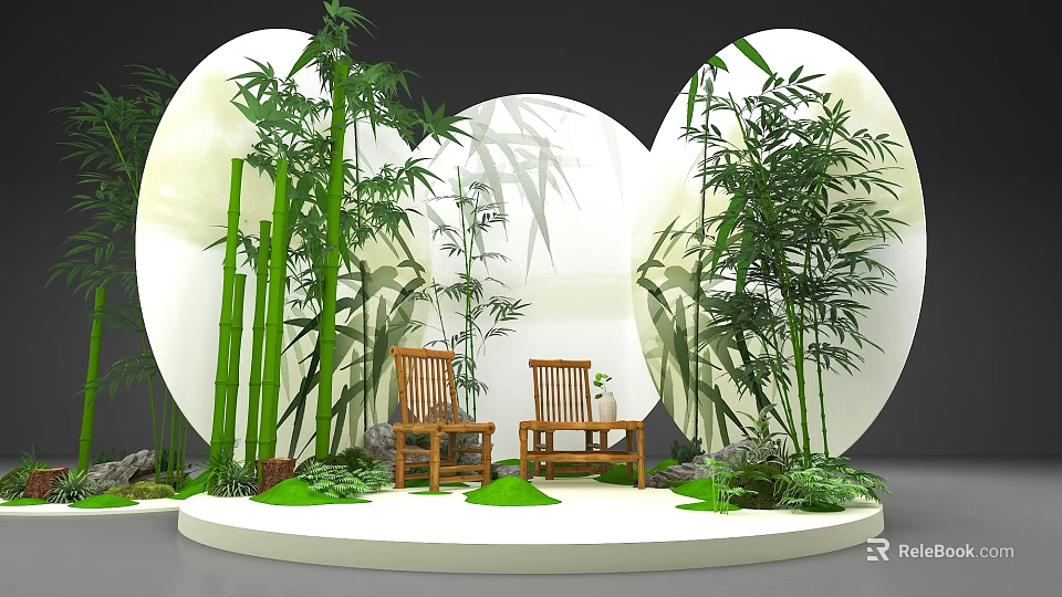 Floral Display with Bamboo Plants Wooden Chairs Circular Backdrops and Lush Greenery 3d model 