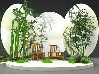 Floral Display with Bamboo Plants Wooden Chairs Circular Backdrops and Lush Greenery 3d model