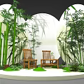 Floral Display with Bamboo Plants Wooden Chairs Circular Backdrops and Lush Greenery