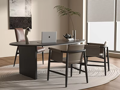 Modern Round Desk Interior With Laptop Chairs Plant And Window View 3d model