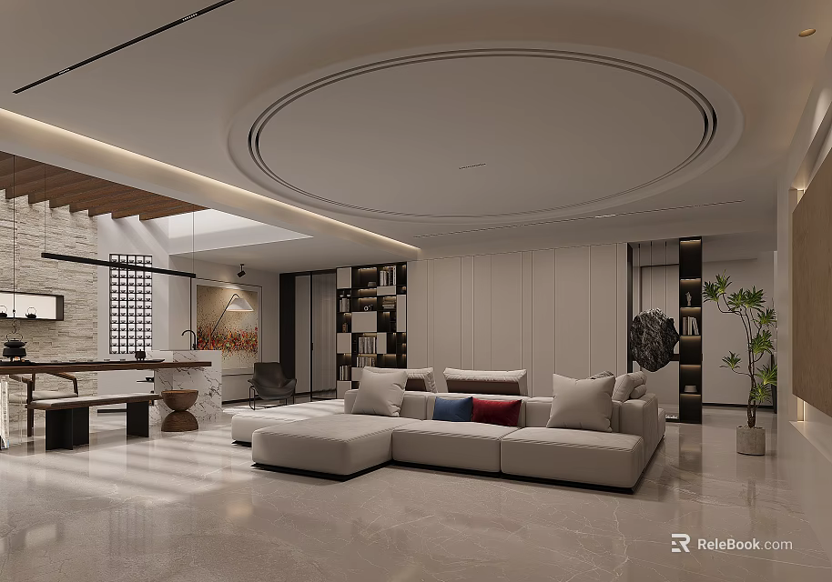 Modern Basement Living Space With Open Layout Sofa Bookshelves And Decorative Plants 3d model 