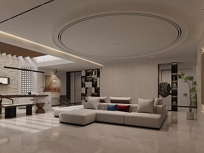 Modern Basement Living Space With Open Layout Sofa Bookshelves And Decorative Plants 3d model