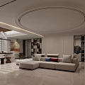 Modern Basement Living Space With Open Layout Sofa Bookshelves And Decorative Plants