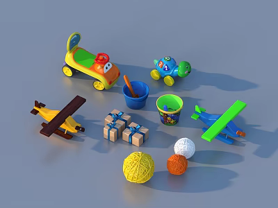 Colorful Kids Play Toys With Toy Car Plane Turtle Gift Boxes And Yarn Balls 3d model