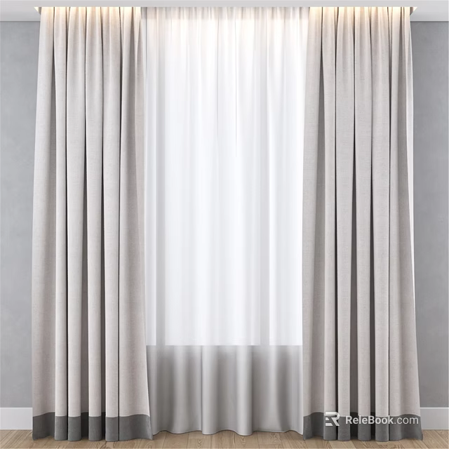 Simple Modern Double Layer Beige Curtains With White Sheer For Window Decoration 3d model 