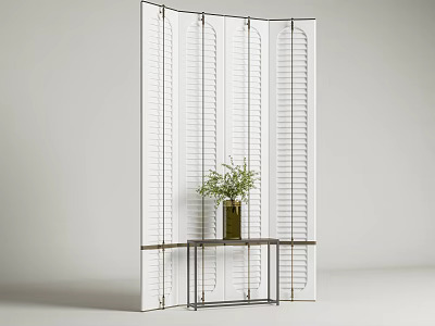 White Louvered Room Divider With Metal Frame Table And Green Plant 3d model