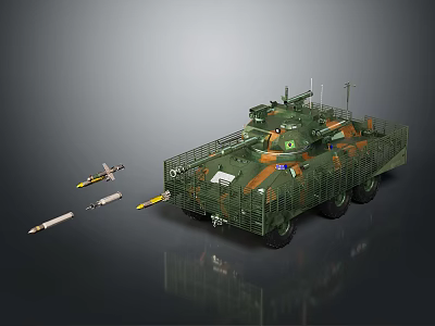 Armored Military Vehicle With Camouflage Coating And Surrounding Missile Units 3d model