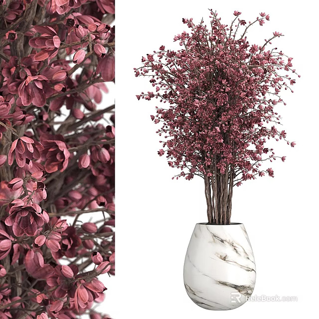 White Marble Texture Vase With Pink Dense Flower Branches Interior Decor 3d model