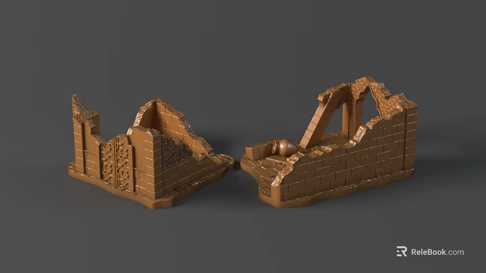 Ruin Style Architectural Sculptures With Detailed Brick Carving Broken Walls And Sphere 3d model 